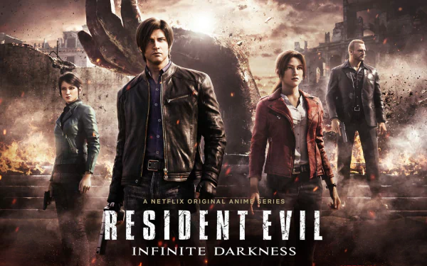 HD desktop wallpaper for Resident Evil: Infinite Darkness, featuring main characters in a dynamic, apocalyptic setting.