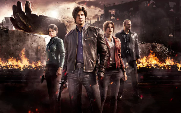 HD wallpaper of Resident Evil: Infinite Darkness featuring main characters standing confidently against a backdrop of fire and destruction.