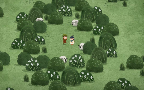 HD wallpaper of Carto game with two characters exploring a lush green puzzle environment with bush mazes
