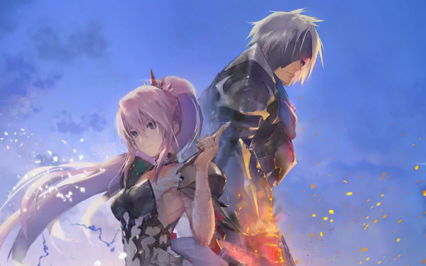 HD desktop wallpaper from Tales of Arise featuring two main characters back-to-back with a dynamic, ethereal background.