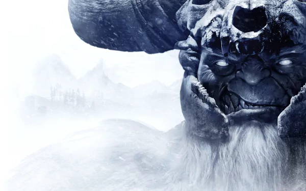 A dramatic HD wallpaper from Dungeons & Dragons: Dark Alliance, featuring a menacing ice giant with a skull motif, set against a misty, snow-covered landscape.
