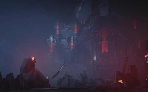 A dark and atmospheric HD wallpaper from Dungeons & Dragons: Dark Alliance, featuring a mysterious landscape with ominous structures and eerie lighting.