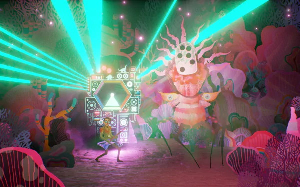HD desktop wallpaper featuring a vibrant scene from The Artful Escape video game with psychedelic colors and whimsical character design.