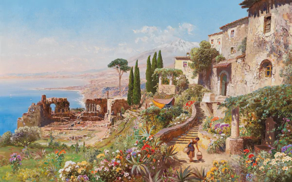 Artistic 4K Ultra HD painting of a sunlit coastal village with stone houses, vibrant flowers, and ancient ruins overlooking the sea, made for PC desktop wallpaper.