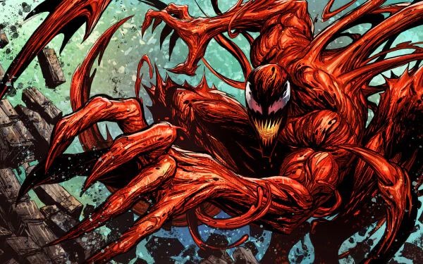 HD Fortnite loading screen wallpaper featuring Carnage from Marvel Comics in an intense, dynamic pose with vivid red symbiote tendrils and a chaotic background.
