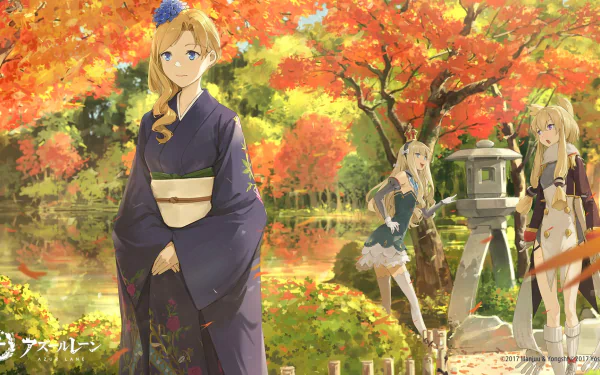 HD PC desktop wallpaper featuring Queen Elizabeth, Warspite, and Hood from Azur Lane in a vibrant autumn garden setting, blending anime style with seasonal colors.