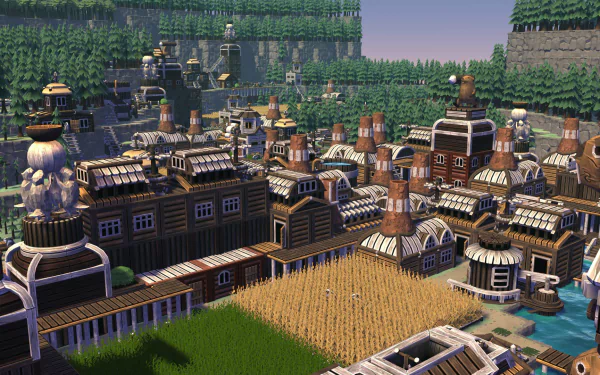 HD desktop wallpaper featuring a Timberborn game village with wooden structures, farmland, and lush green trees in the background.