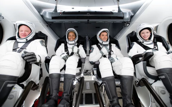 HD wallpaper of Inspiration4 civilian astronaut crew in space suits seated inside spacecraft for desktop background.