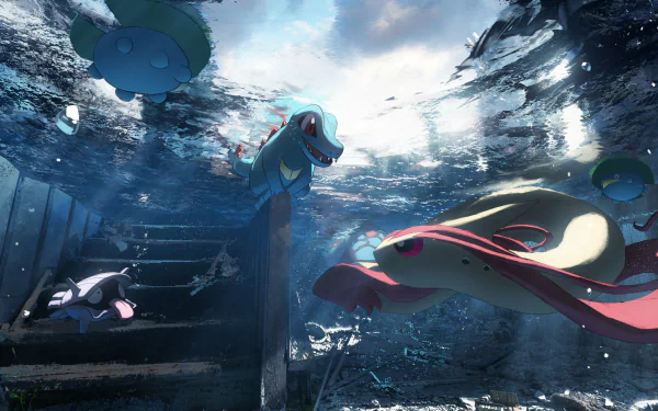 4K Ultra HD anime-style Pokémon wallpaper featuring Totodile, Milotic, Shellder, and Lotad swimming underwater near submerged stairs.