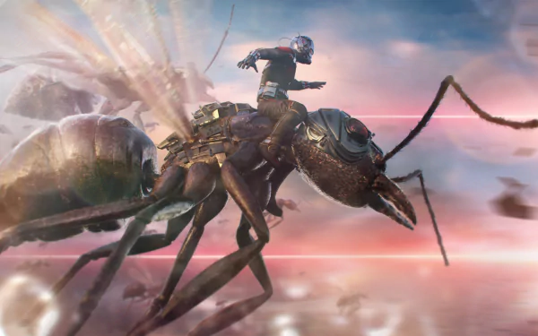Movie Ant-Man 5K Ultra HD PC desktop wallpaper: Ant-Man in his suit riding a giant ant across a streaked pink-and-blue sky, dynamic motion blur and light trails.