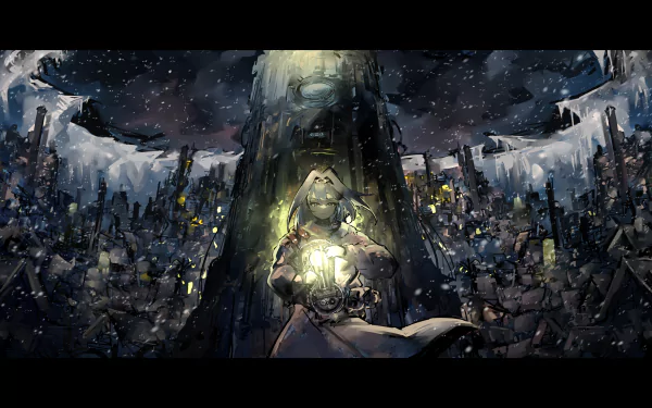 4K Ultra HD Frostpunk-themed wallpaper featuring Ouro Kronii, an anime-style Virtual YouTuber, set against a dramatic, icy post-apocalyptic landscape.