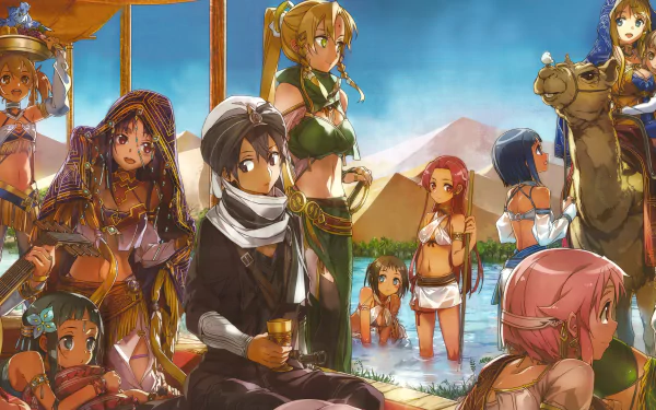 HD desktop wallpaper featuring Sword Art Online characters including Yuuki Konno, Alice Zuberg, Eugeo, Rika Shinozaki, Shino Asada, Keiko Ayano, Kazuto Kirigaya, and Asuna Yuuki in a vibrant, animated beach scene.