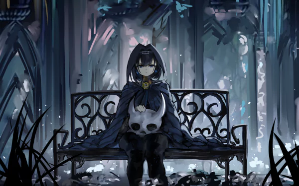 HD PC desktop wallpaper featuring Ouro Kronii, a Virtual YouTuber, styled in an anime-inspired Hollow Knight theme, seated on a detailed wrought-iron bench in a dark, atmospheric setting.
