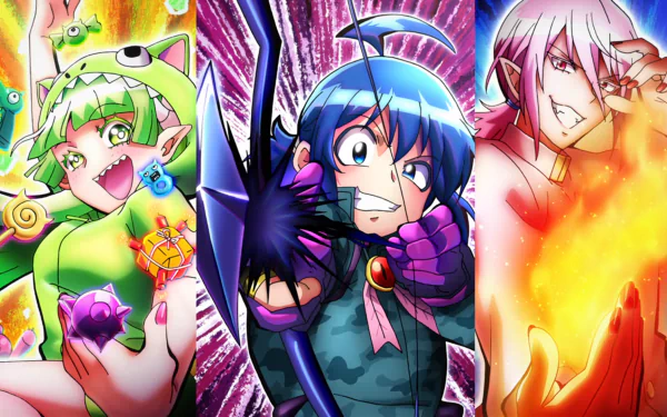 HD PC desktop wallpaper featuring vibrant anime characters from Mairimashita! Iruma-kun, showcasing dynamic poses and colorful backgrounds.