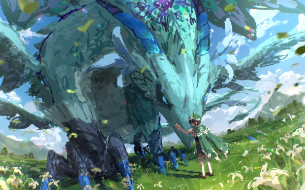 HD PC wallpaper featuring Genshin Impact's Venti standing in a sunlit meadow before the towering dragon Dvalin, petals and wind swirling around them.