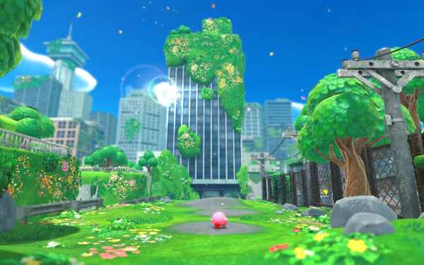 HD PC desktop wallpaper featuring Kirby from the video game Kirby and The Forgotten Land in a vibrant, overgrown urban landscape with tall buildings and lush greenery.