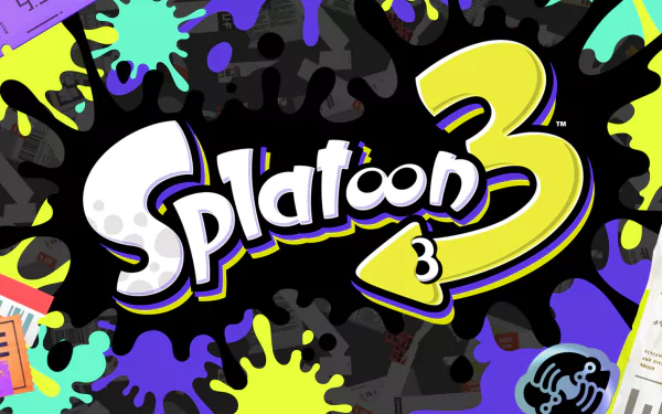 HD PC desktop wallpaper featuring the vibrant logo of the video game Splatoon 3 with colorful ink splatters on a dark background.
