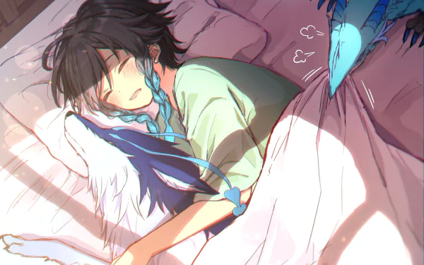 HD PC desktop wallpaper of sleeping characters Venti, Dvalin, and Andrius from the video game Genshin Impact, showcasing a peaceful and detailed anime-style scene.