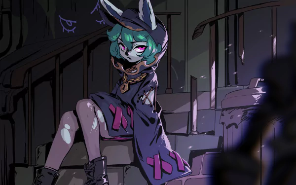 Vex (League of Legends) video game HD PC Desktop Wallpaper and Background — moody Vex sits on ruined stairs, teal hair and purple cloak, shadowy neon-lit background.