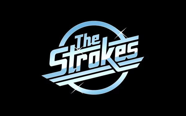 HD desktop wallpaper featuring The Strokes band logo in shiny blue text with a circular design on a black background.