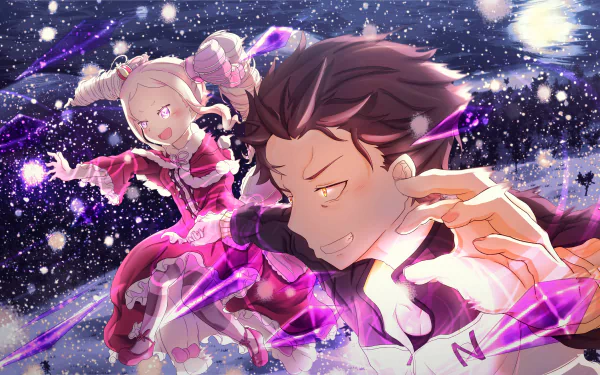 HD anime wallpaper featuring Subaru Natsuki and Beatrice from Re:Zero - Starting Life in Another World with magical effects against a starry night sky background.