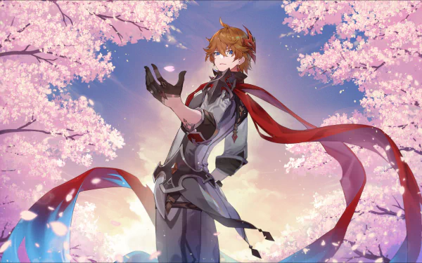 HD PC desktop wallpaper featuring Tartaglia Childe from the video game Genshin Impact, standing amidst vibrant cherry blossom trees under a colorful sky.