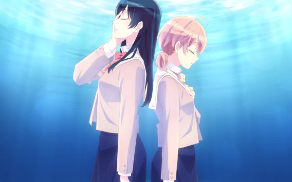 HD desktop wallpaper featuring Touko Nanami and Yuu Koito from the anime Bloom into You, depicted standing back-to-back underwater with serene expressions.