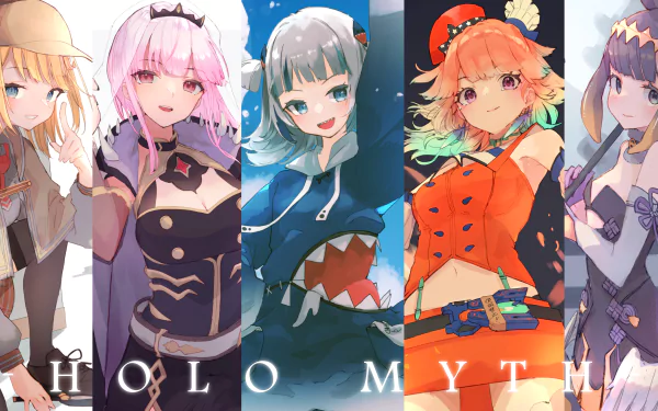 4K Ultra HD PC desktop wallpaper featuring hololive virtual YouTubers Watson Amelia, Takanashi Kiara, Ninomae Ina'nis, Mori Calliope and Gawr Gura in colorful anime style