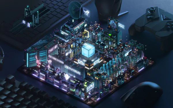 HD desktop wallpaper featuring an Asus ROG motherboard with neon lights, showcasing advanced technology and the Republic of Gamers logo. The background includes gaming peripherals.