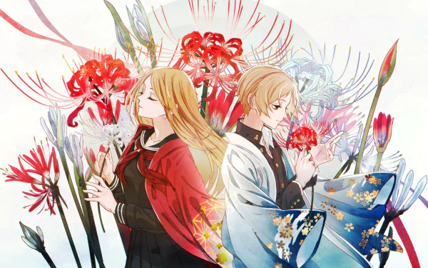HD anime wallpaper featuring Takashi Natsume and Reiko Natsume from Natsume's Book of Friends surrounded by vibrant red and white flowers.