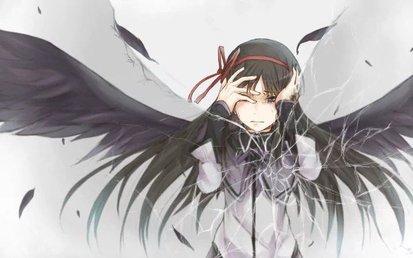 HD anime desktop wallpaper featuring Homura Akemi from Puella Magi Madoka Magica with dark wings and a cracked glass effect.