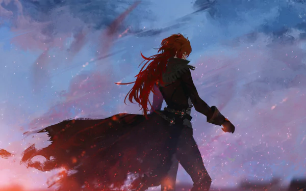 High-definition wallpaper featuring Diluc from Genshin Impact, standing against a dramatic sky with flowing red hair and a dark cloak, capturing the essence of the popular video game.
