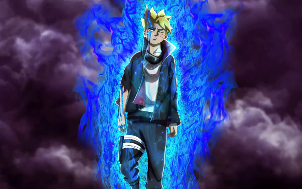Boruto Uzumaki (Borushiki) surrounded by blue chakra flame, standing before stormy clouds — anime 4K Ultra HD PC desktop wallpaper.