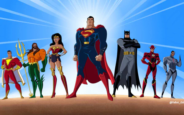 HD desktop wallpaper of Justice League (2017) / Justice League Unlimited: Superman, Batman, Wonder Woman, Flash (Barry Allen), Aquaman, Cyborg, and Shazam (Billy Batson) standing heroic under a radiant sky.