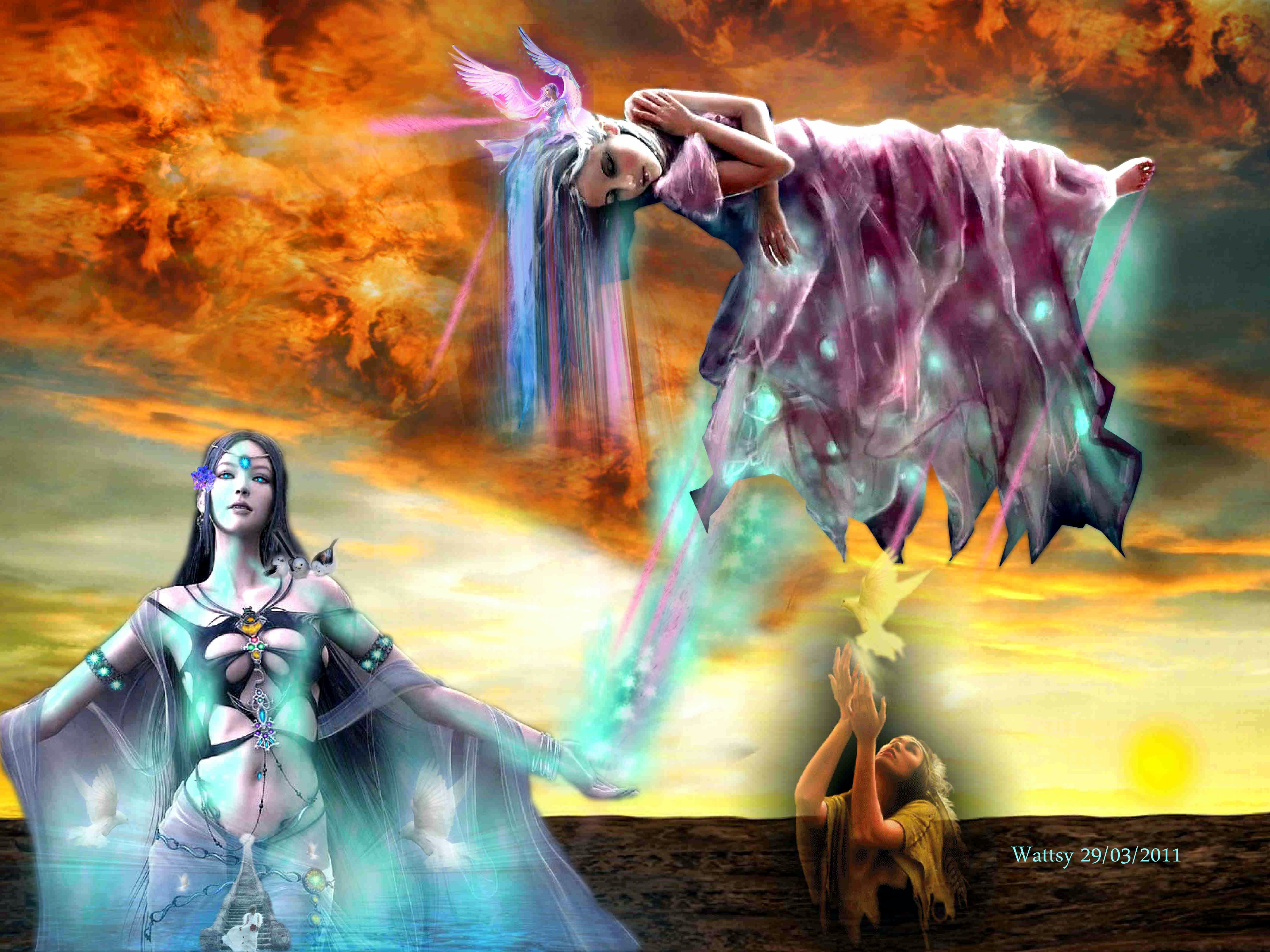 Artistic fantasy with a dove engulfed in colorful fire.