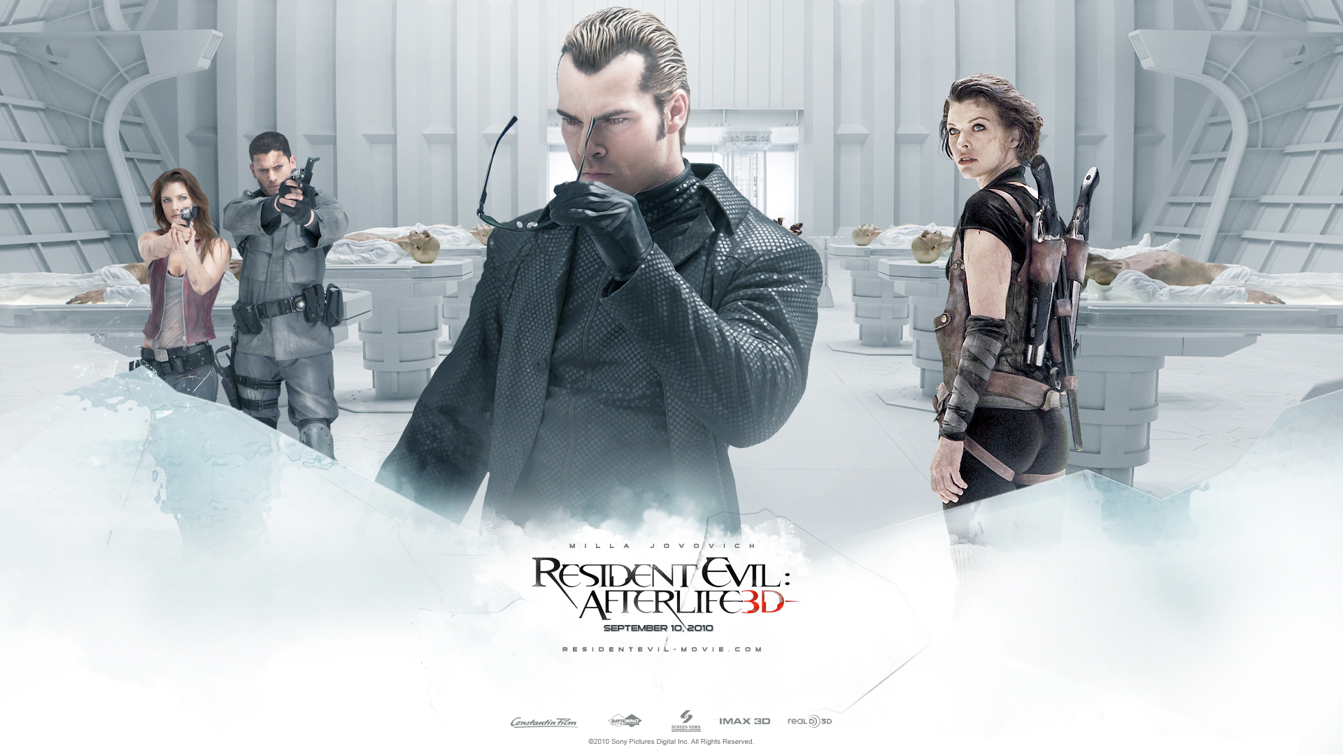 Movie poster for Resident Evil: Afterlife featuring Milla Jovovich, Ali Larter and Wentworth Miller.