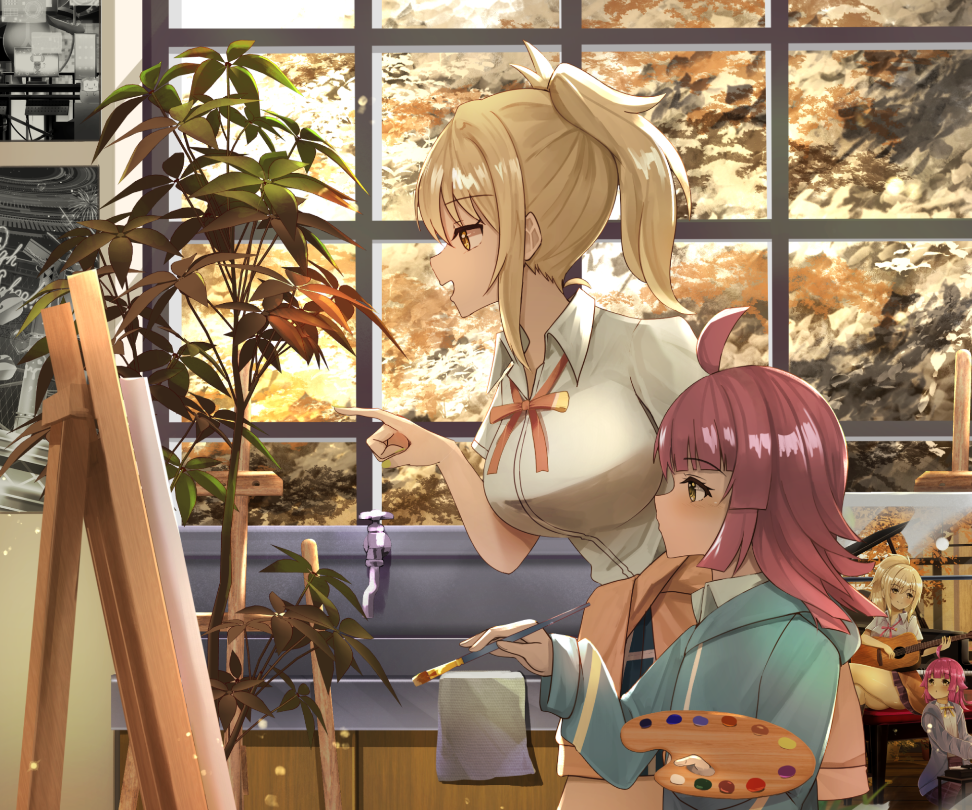 Rina Tennoji and Ai Miyashita from Love Live! Nijigasaki High School Idol Club painting at an easel in a sunlit studio with autumn trees outside — HD PC desktop wallpaper