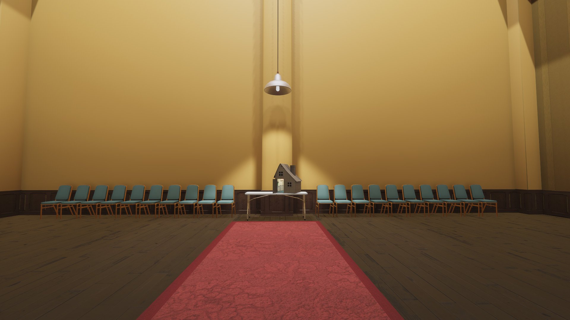 HD Superliminal desktop wallpaper featuring minimalist conference room with rows of chairs and a red carpet.