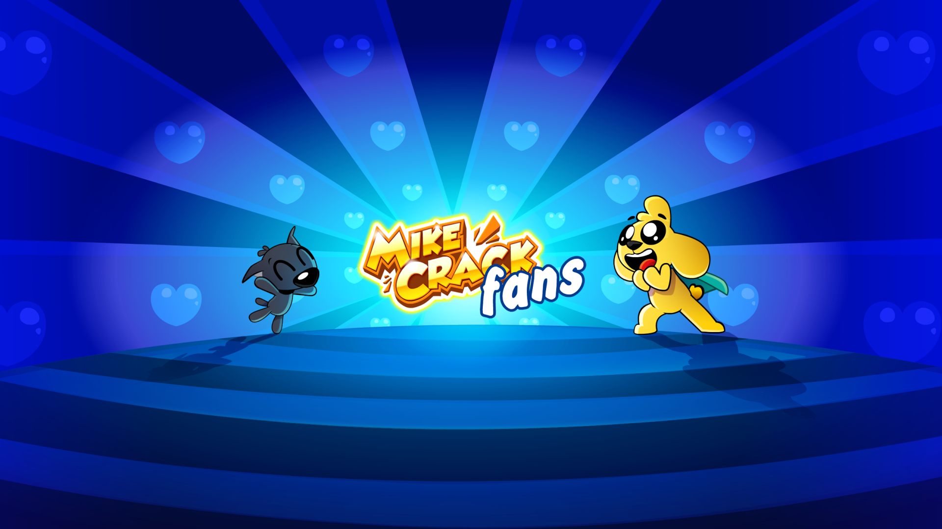 Video game Mikecrack 2K Quad HD PC wallpaper: two colorful Mikecrack characters face off on a radiant blue stage under a glowing Mikecrack Fans logo.
