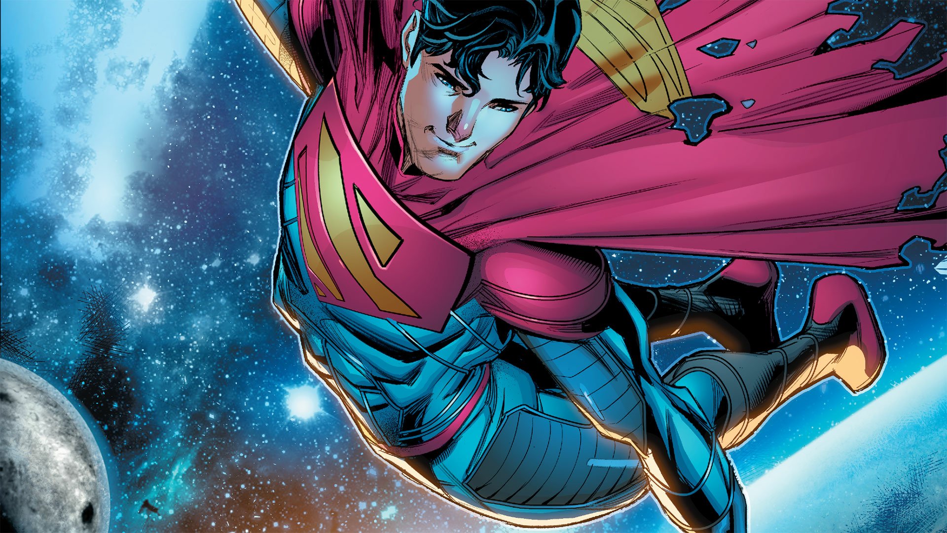 HD PC wallpaper of Jon Kent as Superman from DC Comics' Superman: Son of Kal-El, depicted soaring through space with Earth and the moon in the background.