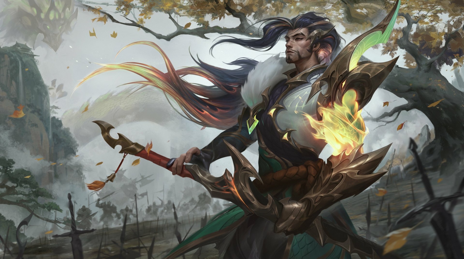 4K Ultra HD PC desktop wallpaper featuring Yasuo from League of Legends wielding his sword with a fiery aura amid a misty, autumnal battlefield.