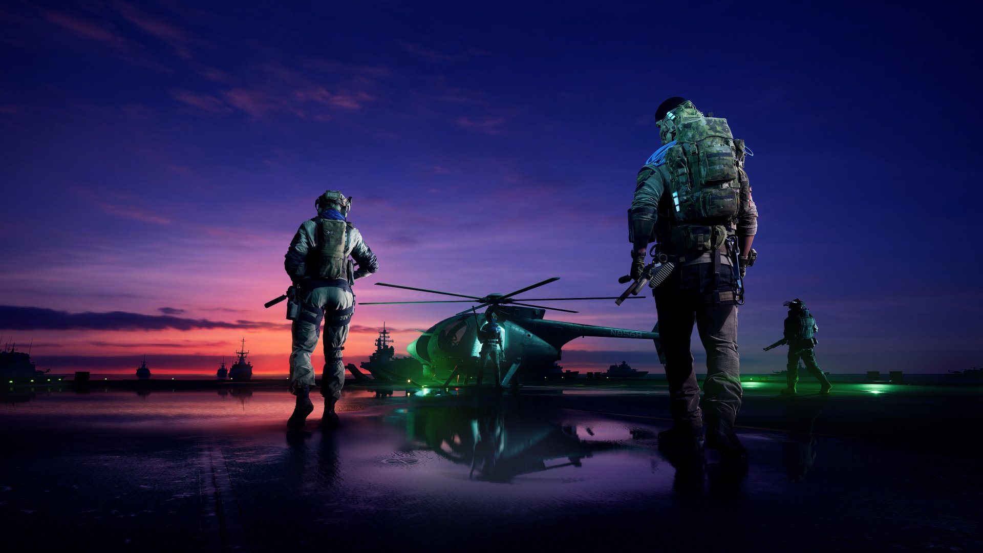 Battlefield 2042 video game 4K Ultra HD PC desktop wallpaper: armed soldiers walk toward a helicopter on a reflective tarmac at dusk beneath a purple-orange sky.
