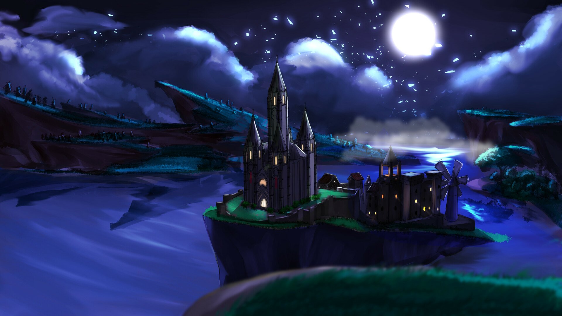 HD PC desktop wallpaper of Mondstadt from the video game Genshin Impact: moonlit cliffside city and cathedral glowing beneath a starry sky.