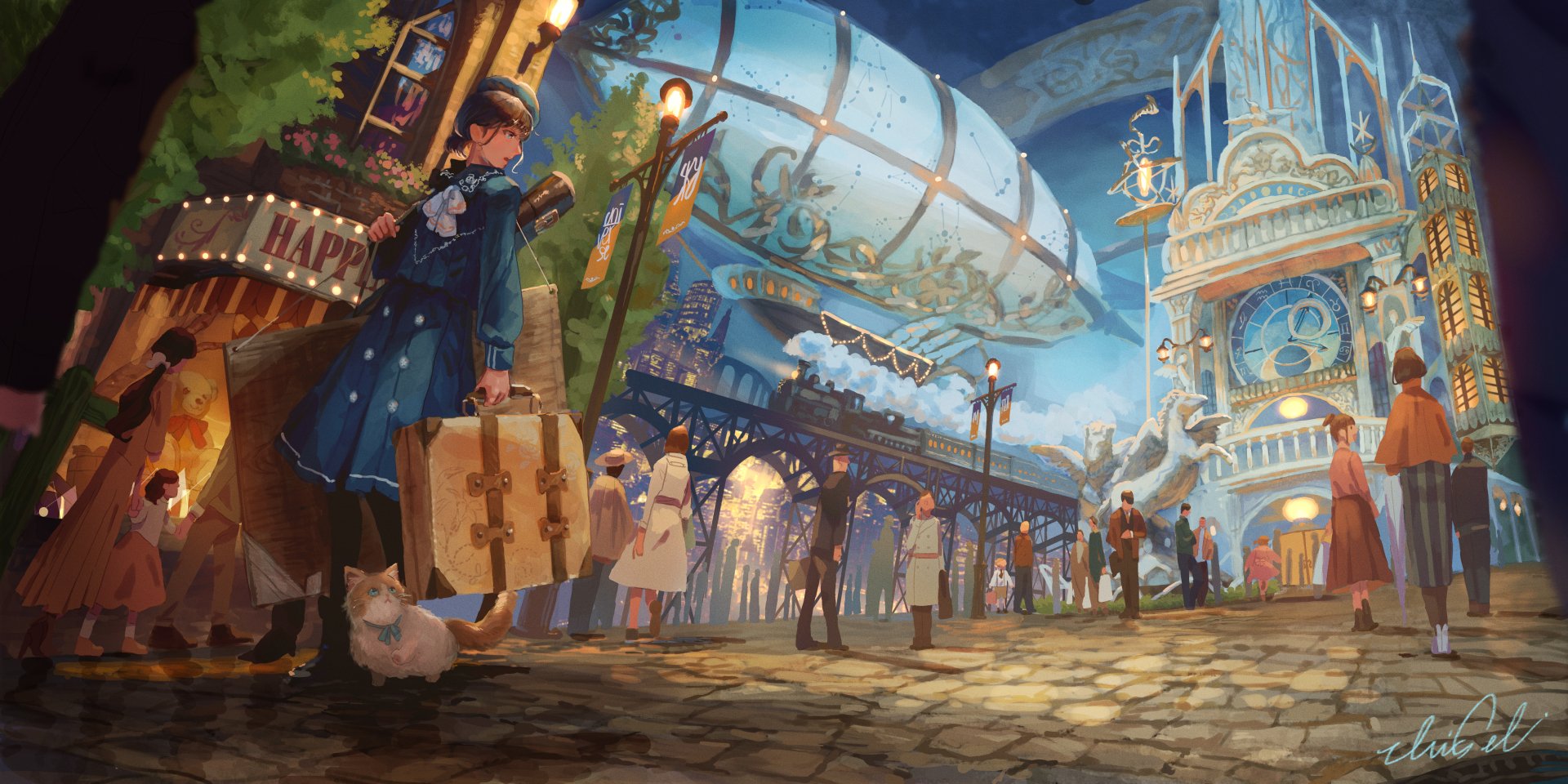 A vibrant 4K Ultra HD fantasy scene featuring people amid an ornate, bustling city with airships and intricate architecture, blending adventure and wonder in a PC desktop wallpaper.