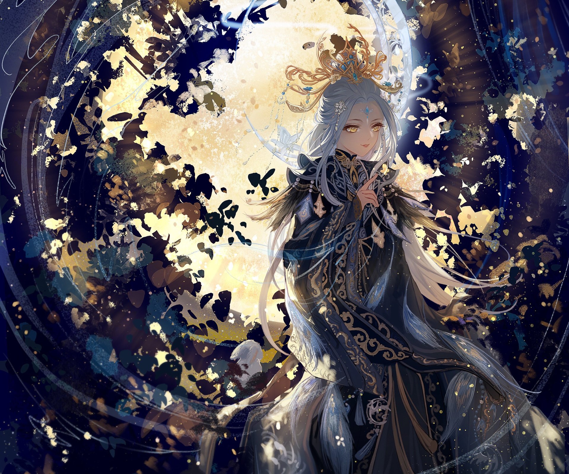 HD PC desktop wallpaper/background from the video game Shining Nikki: an ethereal heroine in an ornate dark gown, flowing silver hair, gold butterflies and moonlit floral accents.