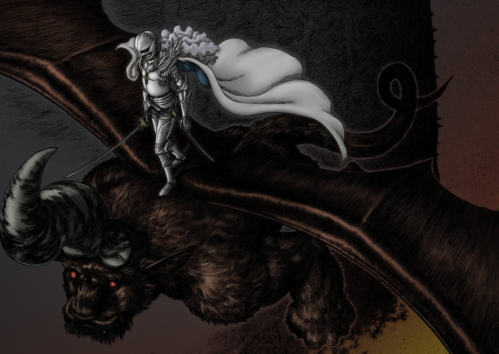 A dramatic HD wallpaper featuring a character from the anime Berserk, poised atop a menacing beast, showcasing intricate details and dark fantasy elements.