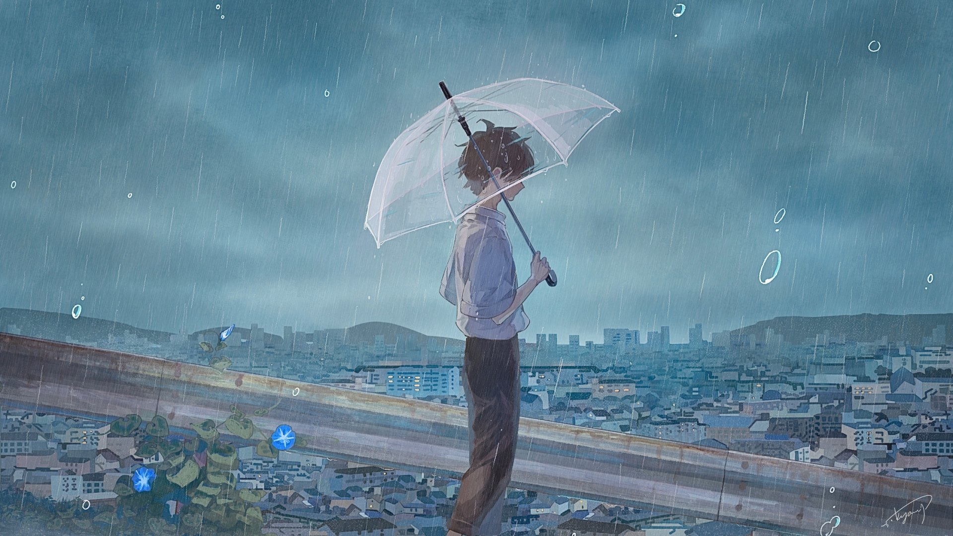 Anime boy holding a transparent umbrella stands above a rainy cityscape, with droplets falling around, captured in an HD rain anime wallpaper background.