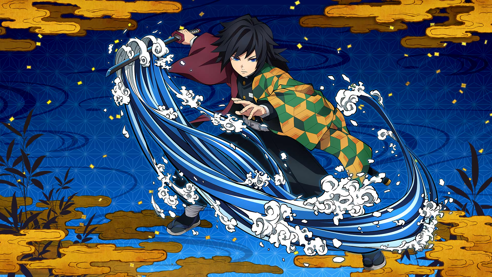 Giyuu Tomioka from Demon Slayer — The Hinokami Chronicles video game, wielding swirling water-breathing waves against a decorative backdrop, rendered as an HD PC desktop wallpaper.