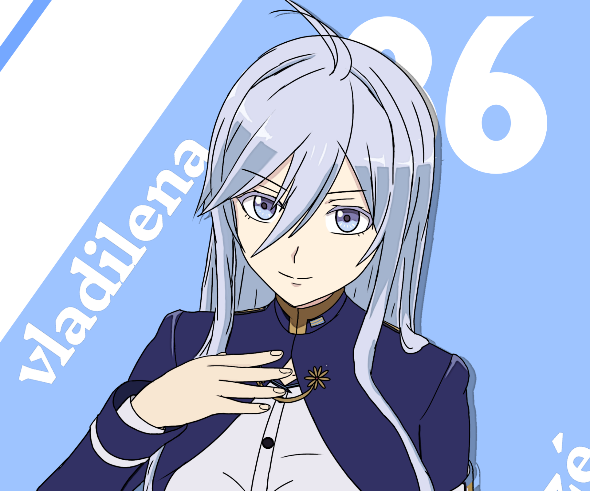 HD desktop wallpaper of Vladilena Milizé (Eighty Six): silver‑haired officer in a dark uniform, hand to her chest, pale blue background featuring her name and a large white 6.