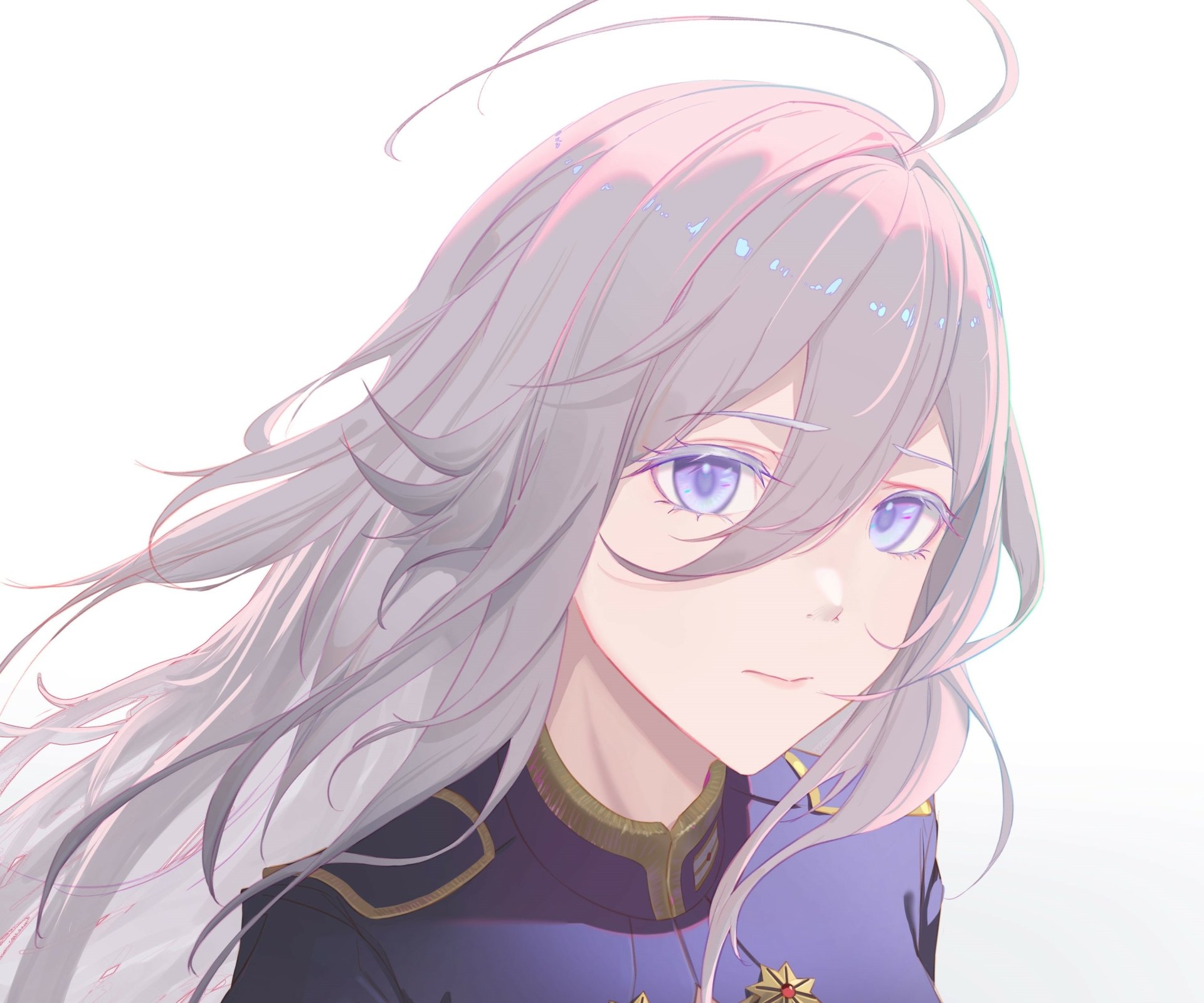 Vladilena Milizé from Eighty Six anime: soft pastel portrait with flowing silver hair and violet eyes, 2K Quad HD PC desktop wallpaper/background.